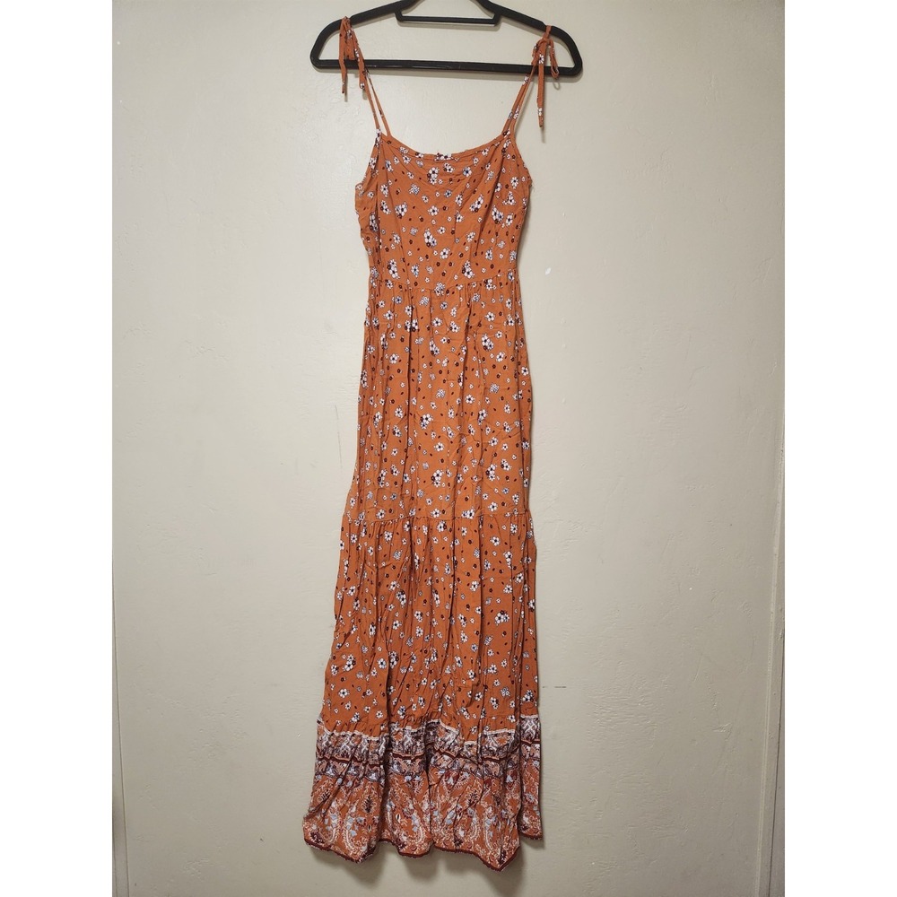 Altar'd State Orange Floral Pattern Maxi Dress Spaghetti Straps Boho